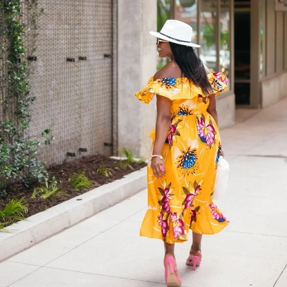 Grass-Fields Floral Off-Shoulder Midi Dress – Size 6 - Picture 2 of 15